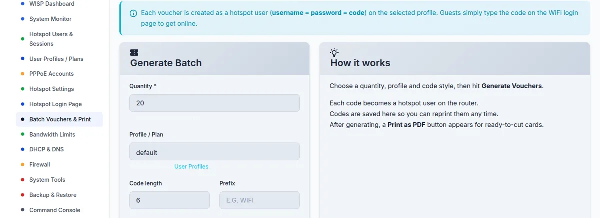 Generating a batch of WiFi vouchers in the Vouchify admin
